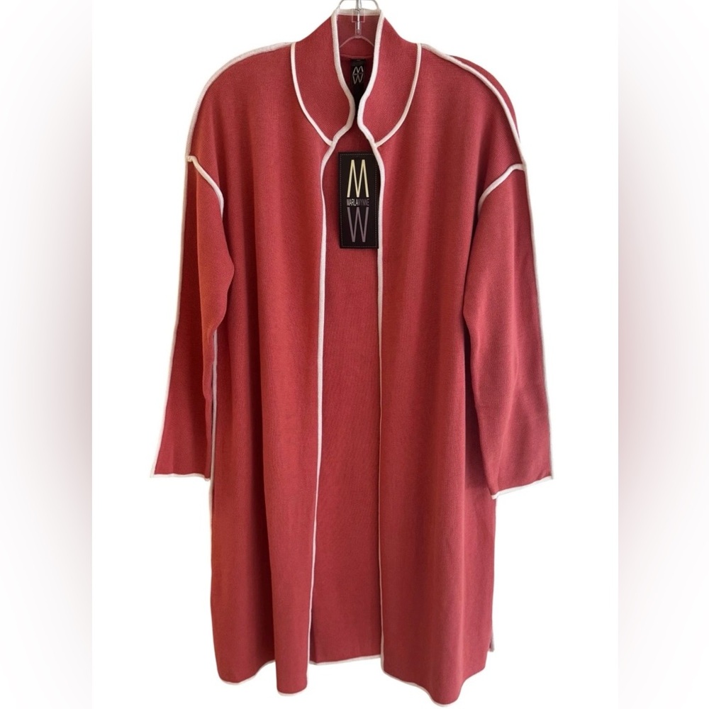Marla Wynne Cardigan Small Red White Trim Open Front Long Duster Sweater NWT